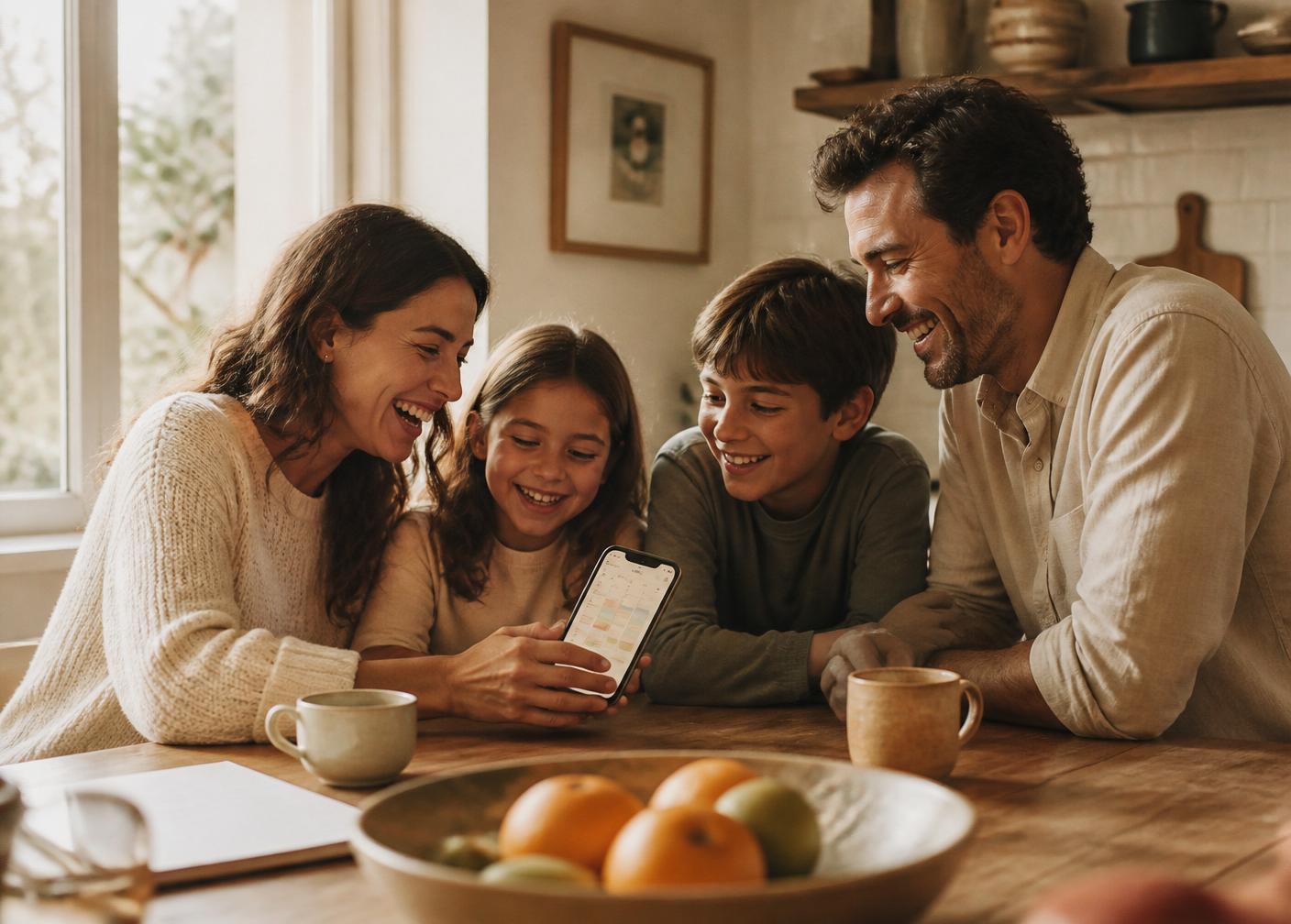 Mom, dad, and two kids around a kitchen table looking at a family calendar on a phone