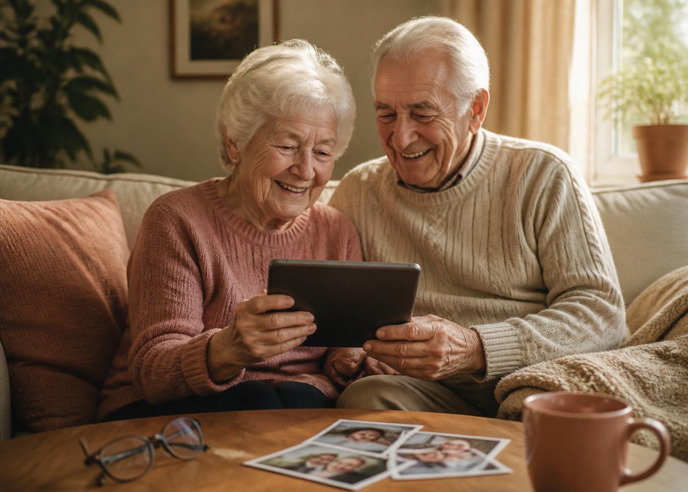 Grandparents on a couch smiling at a tablet showing photos of their grandchildren