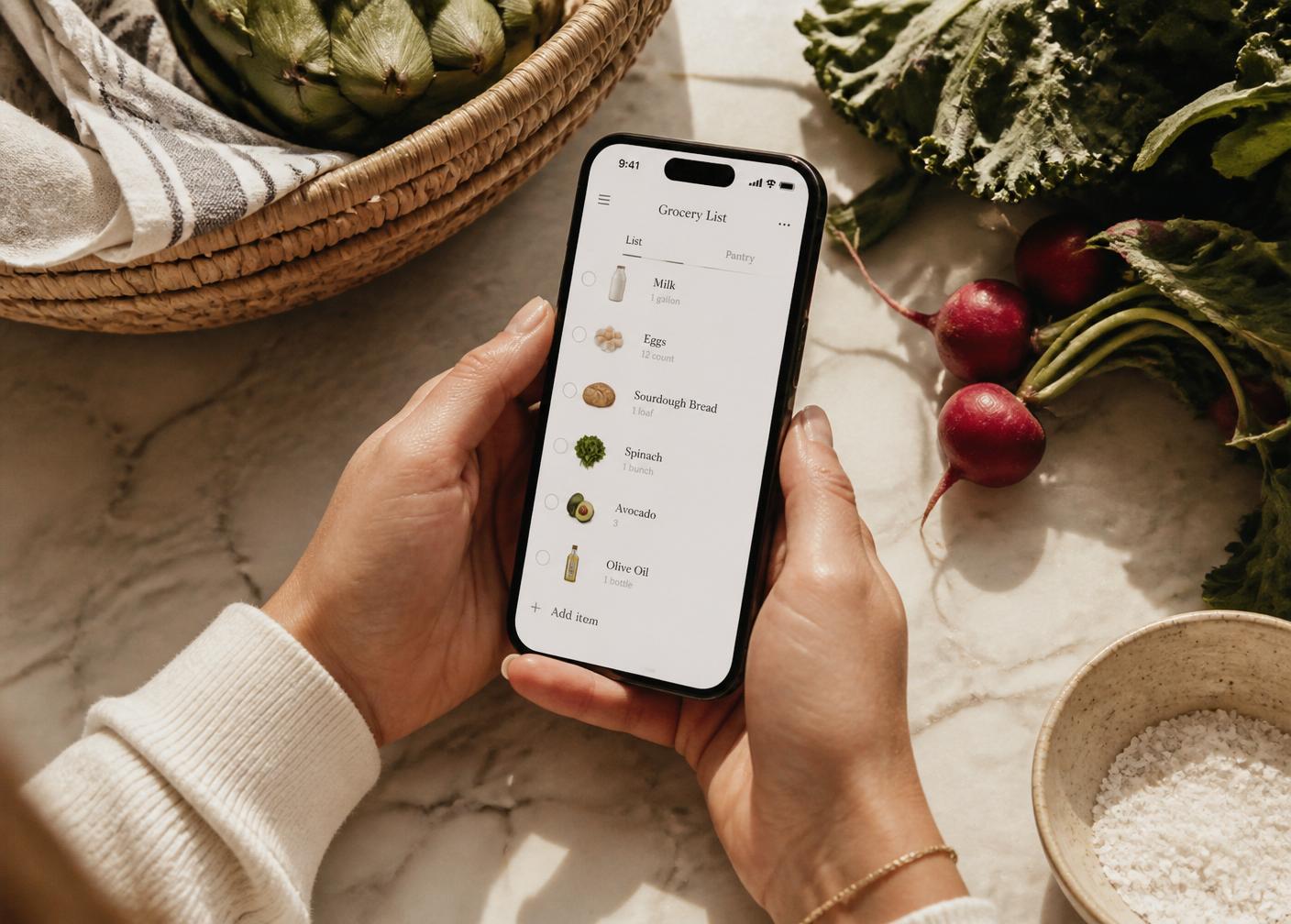 Hand holding a phone showing the Haven grocery list on a marble counter surrounded by fresh vegetables