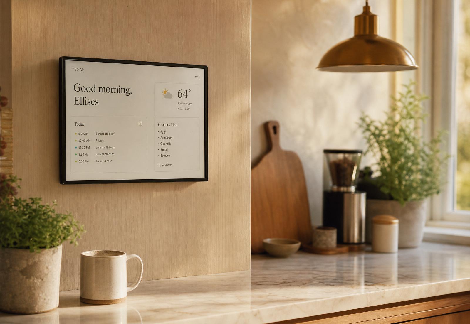 Haven wall display mounted in a warm modern kitchen, showing the family's morning schedule